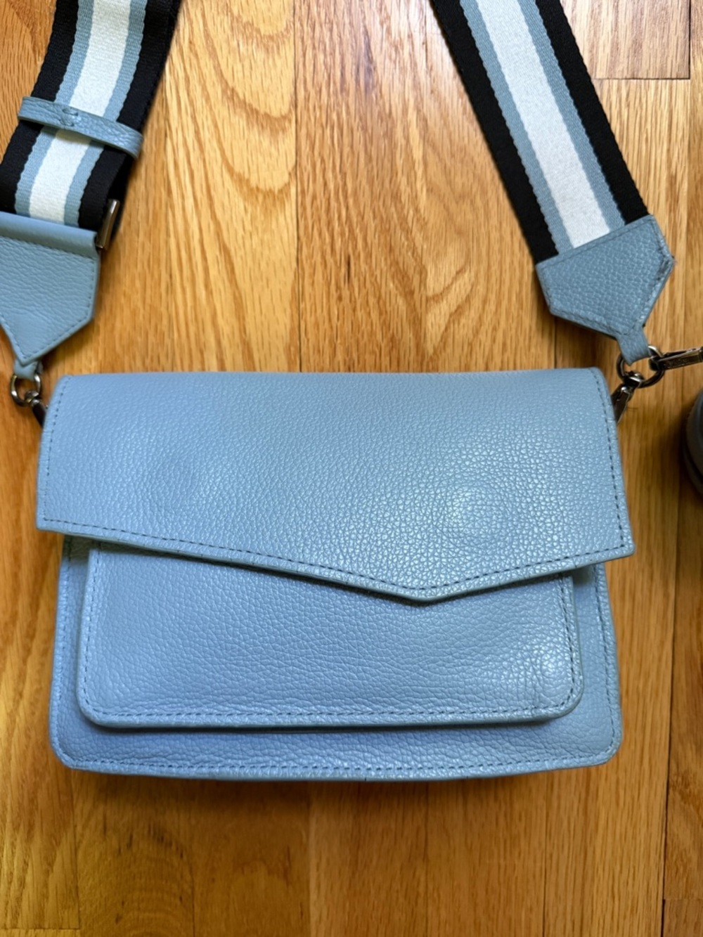 Botkier Cobble Hill Light Blue Pebbled Leather Crossbody with Striped Strap